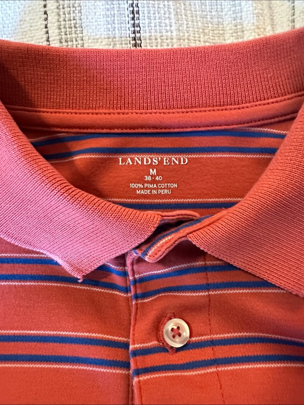 🔥4/$45🔥Lands' End Red Polo with Navy and Light Blue Stripes